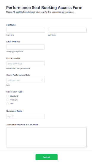 Performance Seat Booking Access Form Template