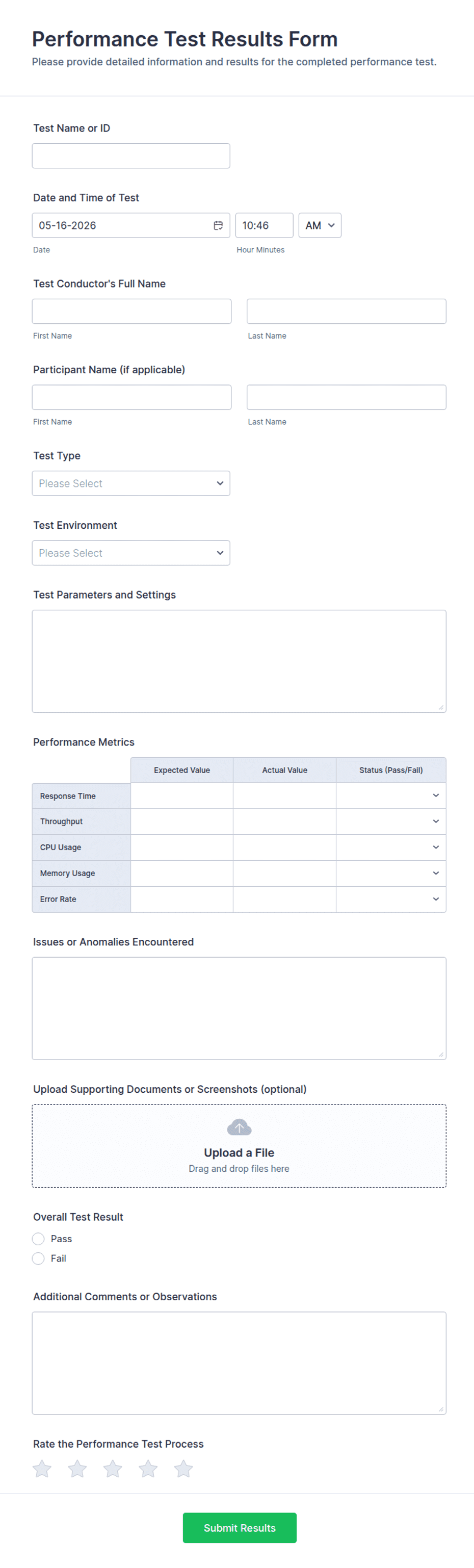 Performance Test Results Form Template | Jotform