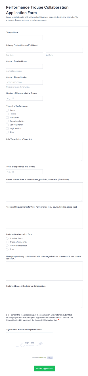 Performance Troupe Collaboration Application Form Template