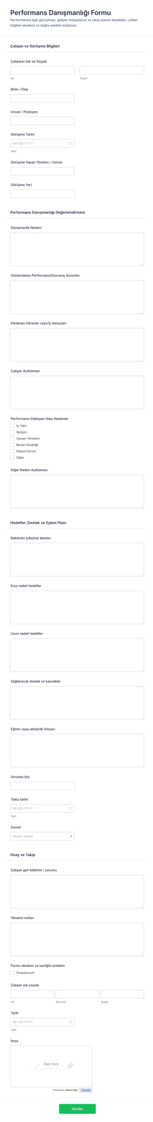 Performans Danışmanlığı Değerlendirme Anketi Form Şablonu