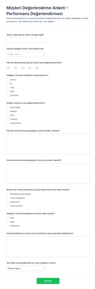 Performans Değerlendirme Müşteri Geri Bildirim Anketi Form Şablonu