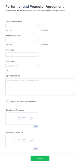 Performer And Promoter Agreement Form Template