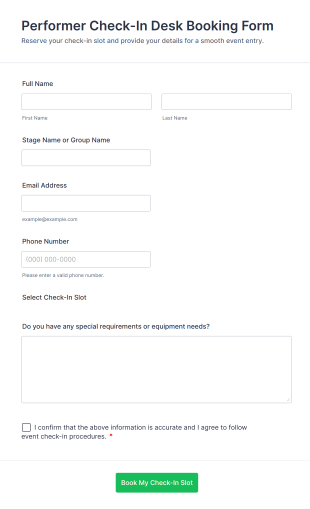 Performer Check In Desk Booking Form Template