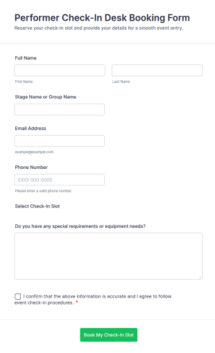 Performer Check In Desk Booking Form Template