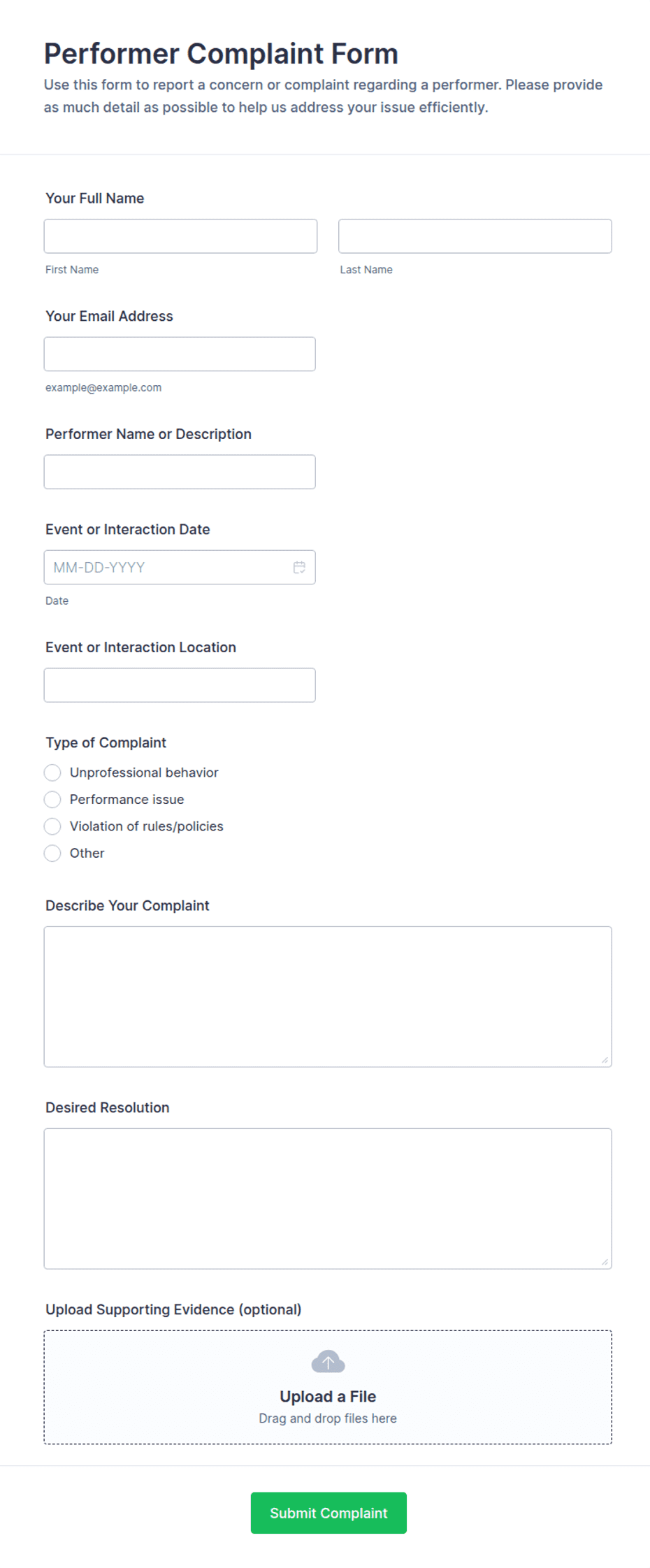 Performer Complaint Form Template | Jotform