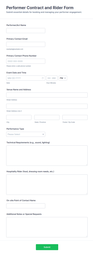 Performer Contract And Rider Form Template