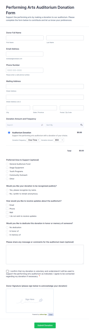 Performing Arts Auditorium Donation Form Template