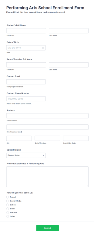Performing Arts School Enrollment Form Template