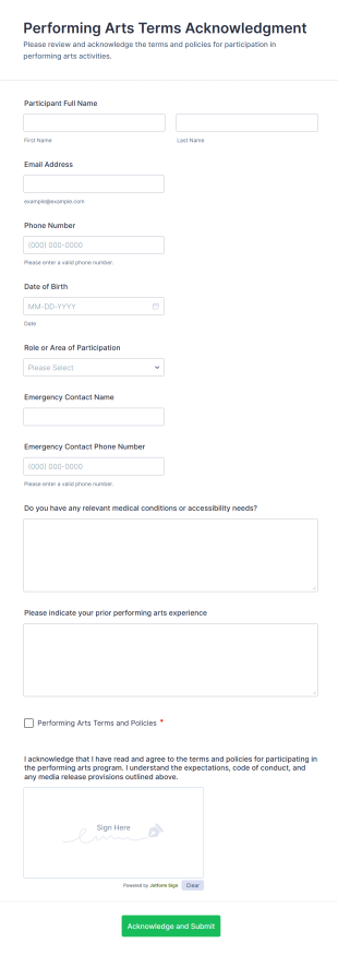 Performing Arts Terms Acknowledgment Form Template