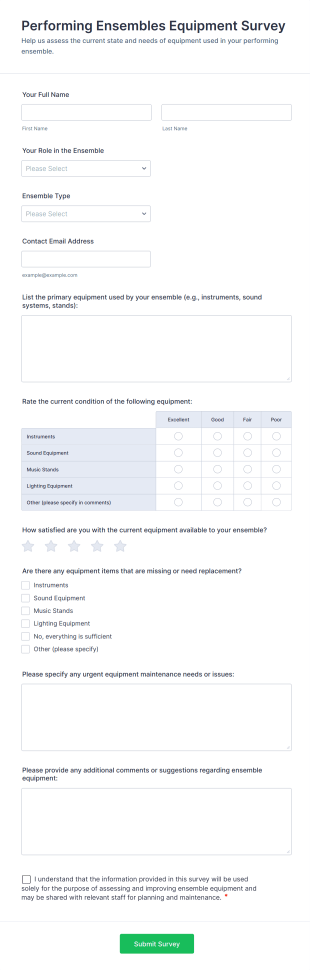 Performing Ensembles Equipment Survey Form Template