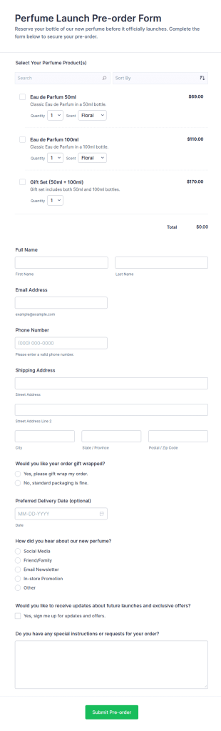 Perfume Launch Pre Order Form Template