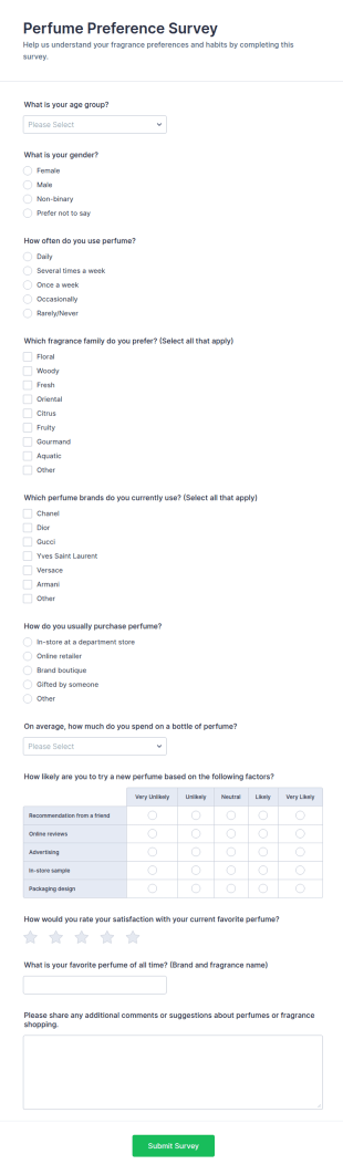 Perfume Preference Survey Form Template