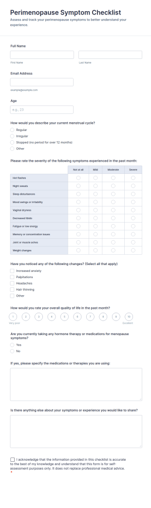 Perimenopause Symptom Checklist Form Template