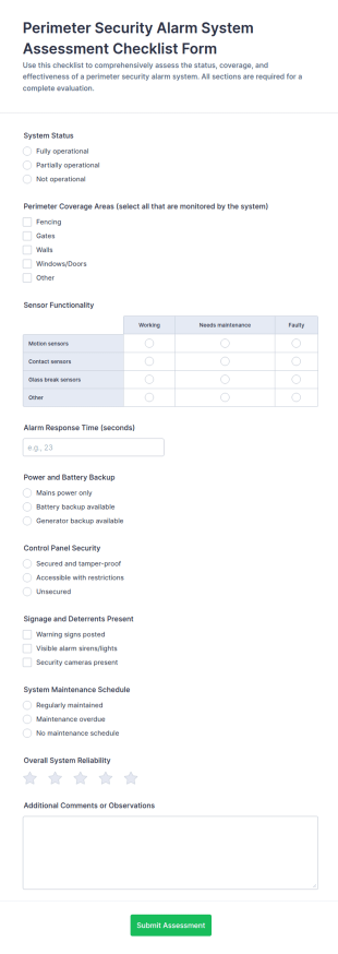 Perimeter Security Alarm System Assessment Form Template