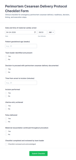 Perimortem Cesarean Delivery Protocol Checklist Form Template