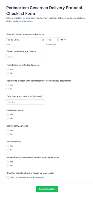 Perimortem Cesarean Delivery Protocol Checklist Form Template