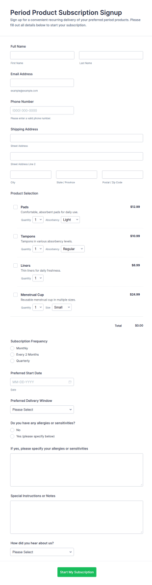 Period Product Subscription Signup Form Template