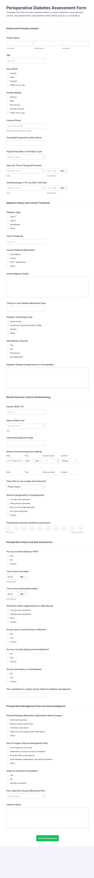 Perioperative Diabetes Assessment Form Template
