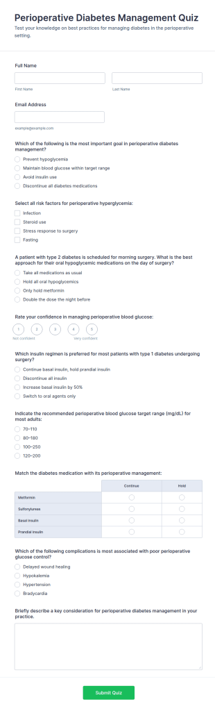 Perioperative Diabetes Management Quiz Form Template