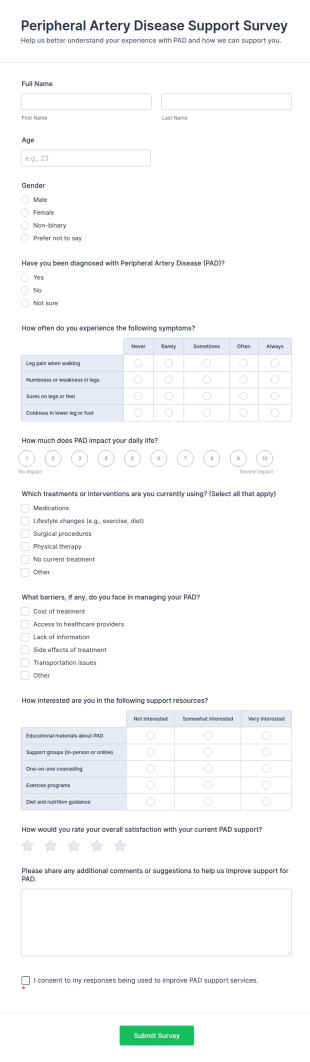 Peripheral Artery Disease Support Survey Form Template