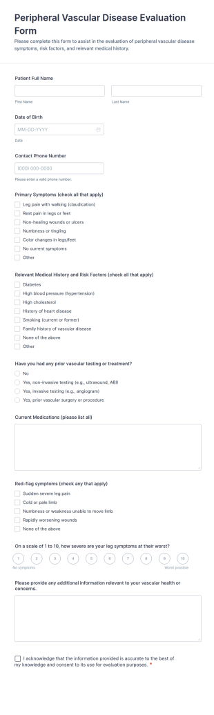 Peripheral Vascular Disease Evaluation Form Template
