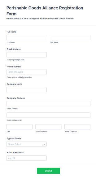 Perishable Goods Alliance Registration Form Template