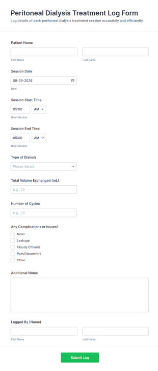 Peritoneal Dialysis Treatment Log Form Template