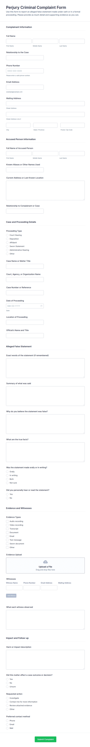 Perjury Criminal Complaint Form Template