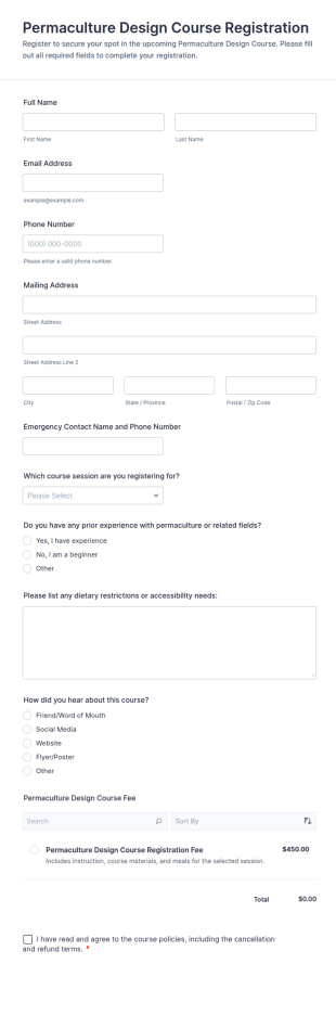 Permaculture Design Course Registration Form Template