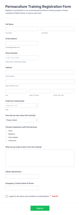 Permaculture Training Registration Form Template