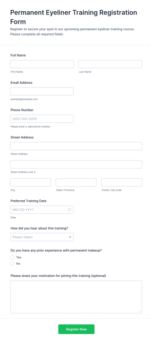 Permanent Eyeliner Training Registration Form Template