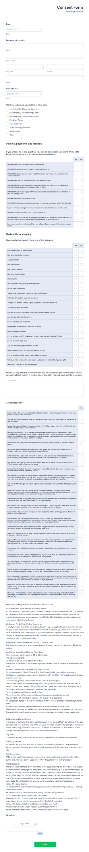 Permanent Make Up Consent Form Template