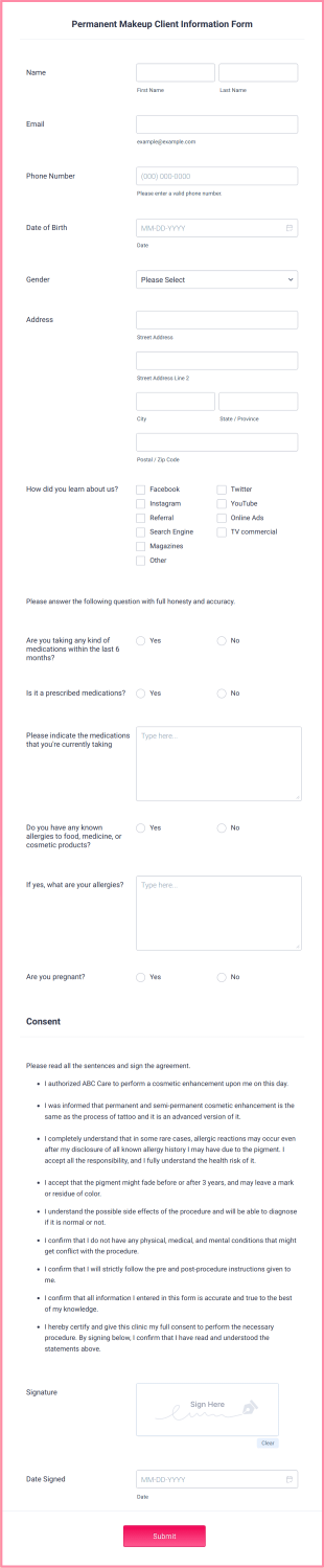 Permanent Makeup Client Information Form Template