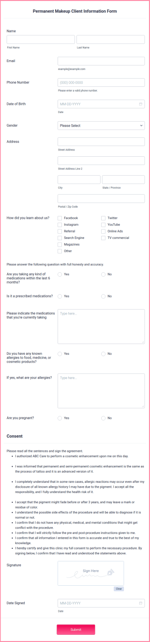 Permanent Makeup Client Information Form Template