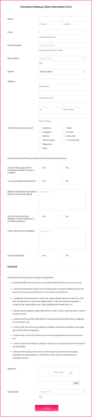 Permanent Makeup Client Information Form Template