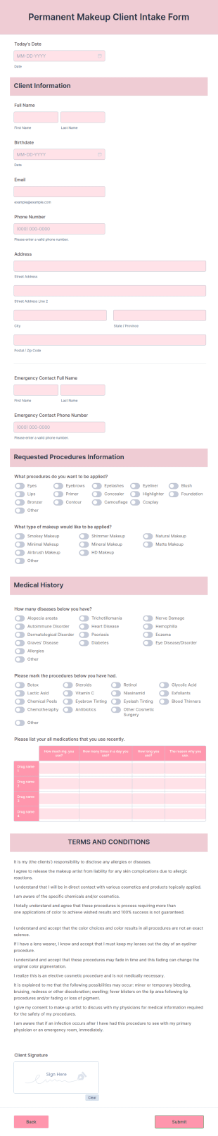 Permanent Makeup Client Intake Form Template