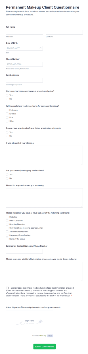 Permanent Makeup Client Questionnaire Form Template