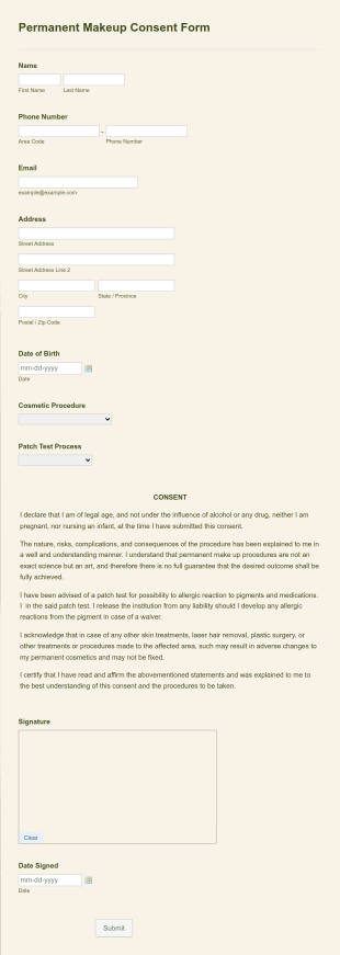 Permanent Makeup Consent Form Template