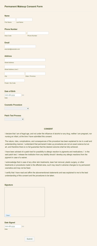 Permanent Makeup Consent Form Template