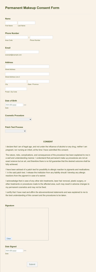 Permanent Makeup Consent Form Template