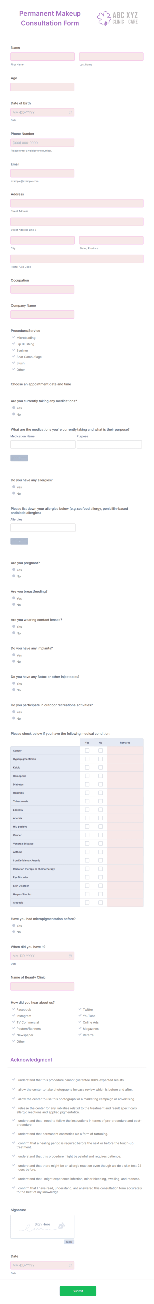 Permanent Makeup Consultation Form Template