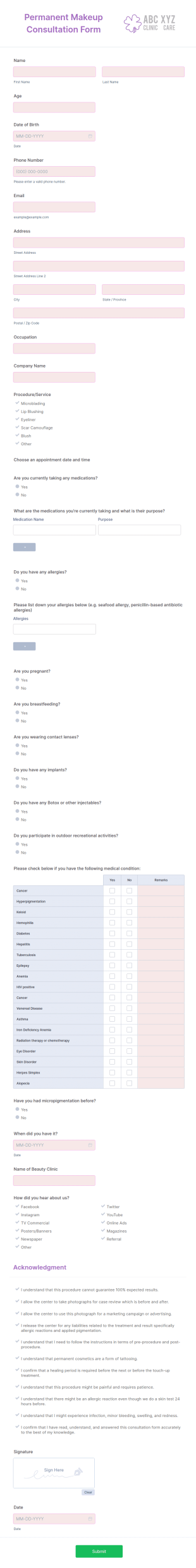 Permanent Makeup Consultation Form Template