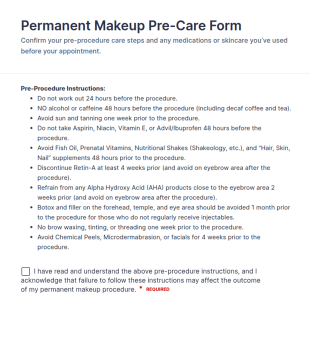Permanent Makeup Pre Care Form Template