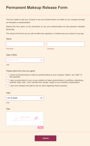 Permanent Makeup Release Form Template