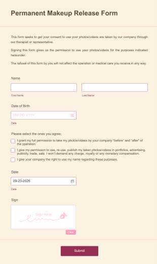Permanent Makeup Release Form Template