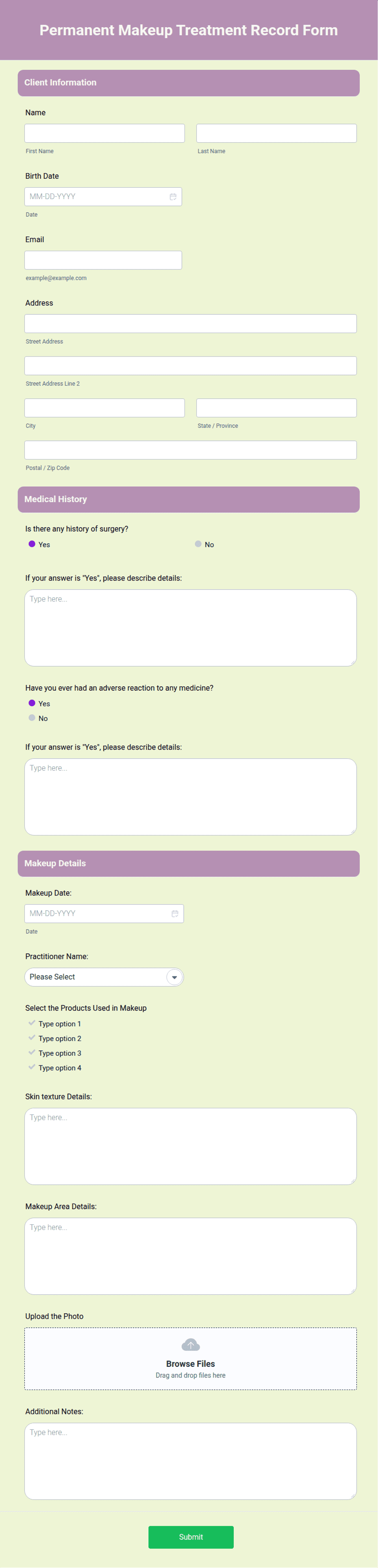 Permanent Makeup Treatment Record Form Template | Jotform
