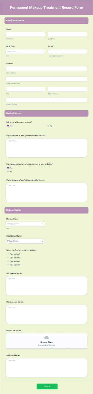 Permanent Makeup Treatment Record Form Template