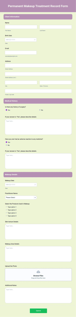 Permanent Makeup Treatment Record Form Template