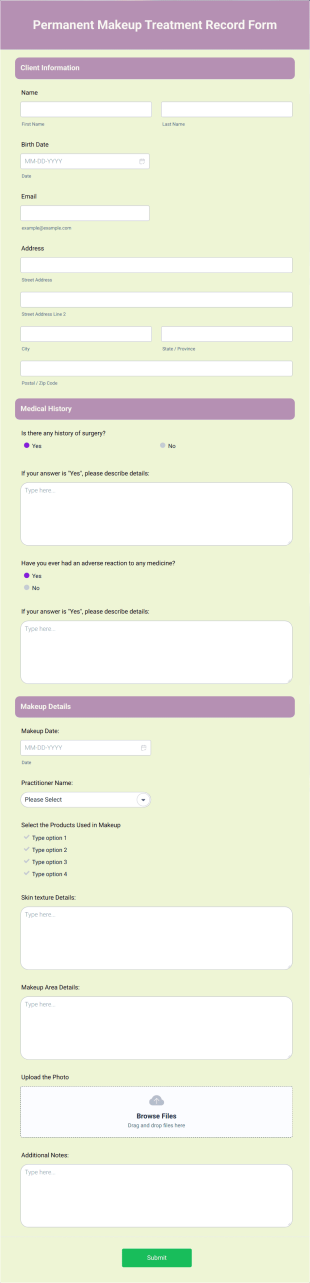 Permanent Makeup Treatment Record Form Template