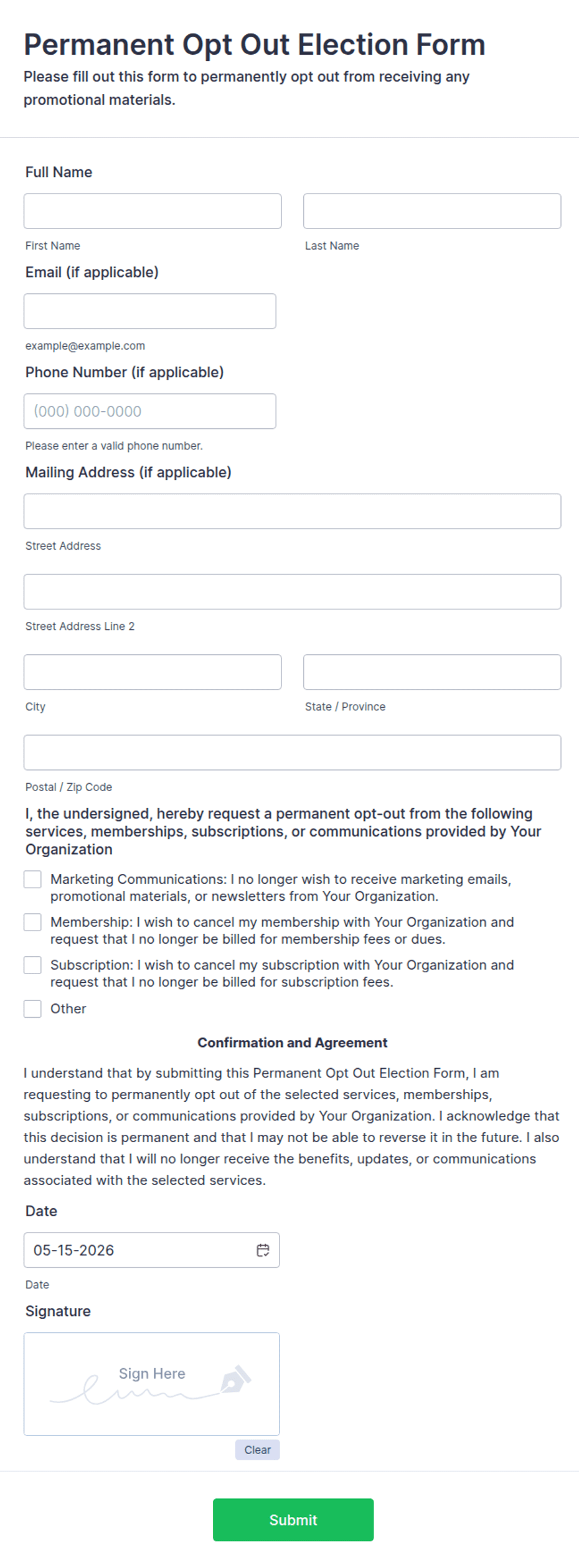 Opt Form.pdf Permanent Opt Out Election Form Template | Jotform